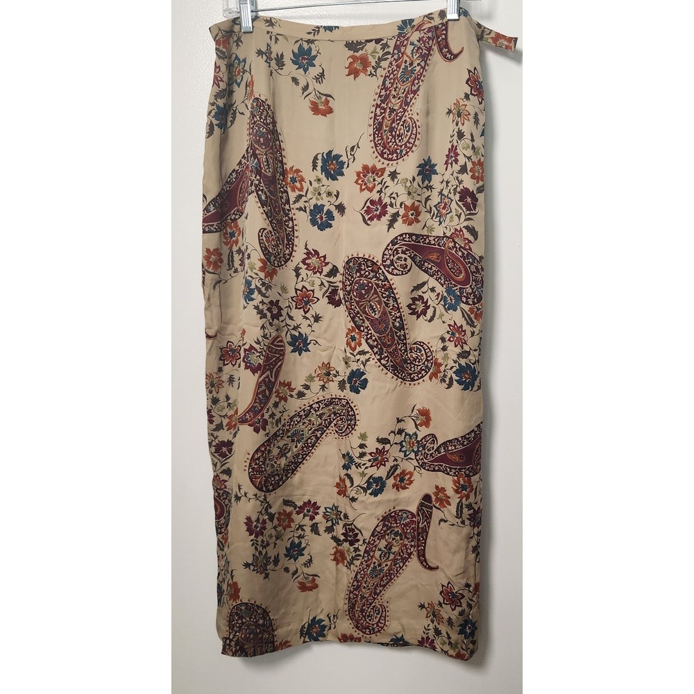 Josephine Chaus Vintage Silk Paisley Beige Maxi Skirt Lined Slit Side Zip‎ Sz 12